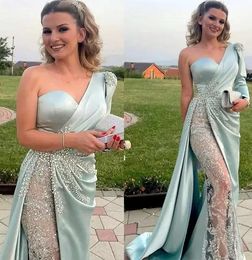 Designer Evening Dresses Long Sleeves mint green One Shoulder Beaded Sequins Lace Ruched Crystals Mermaid Side Slit Prom Party Gown Plus Size vestido