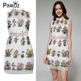 runway designer flower embroideried mini Resort dress for women summer party ruched sleeveless hollow out 210421