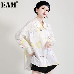 [EAM] Women Yellow Blue Print Pocket Letter Blouse Lapel Long Sleeve Loose Fit Shirt Fashion Spring Autumn 1DD6658 210512