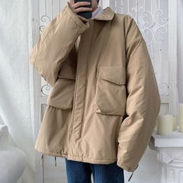 Winter Men's Youth Cargo Trench Coats Loose Fashion Cotton-padded Clothes Big Pockets Parkas Solid Colour Snow Jackets M-2XL 210524