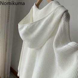 Nomikuma Causal Hollow-out Hooded Sweater Coat Long Sleeve Oversized Knitted Tops Spring Pullover Jumper 6E289 210805