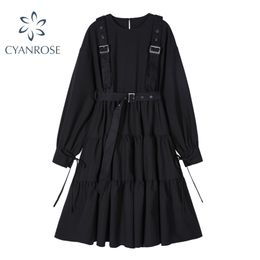 Autumn Vintage elegant women dress gothic style Long Sleeve cosplay Lace-up Waist harajuku goth punk edgy Black Dress 210515