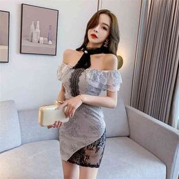 Nightclub sexy word shoulders backless waist tube top bag hip dress topless Office Lady Polyester Patchwork 210416