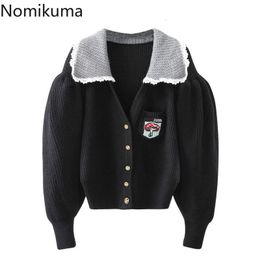 Nomikuma Women Cardigan Sweater Coat Korean Cartoon Embroidery Pocket Knitted Jacket Causal Turn-down Collar Knitwear 6D624 210427