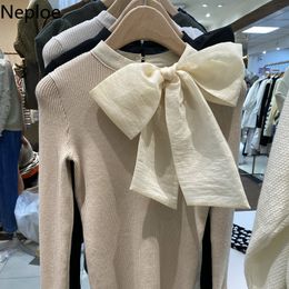 Neploe Lace Up Bow Knitted Pullovers Korean Fashion Sweaters for Women Slim Fit Flare Sleeve Jumper Tops Pull Femme 4G178 210422