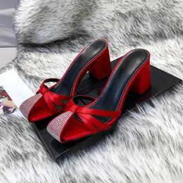 Womens sandals latest summer authentic leather high heels striped ladie Red scasual wear thick heel outdoor shopping letter slippers box rhines