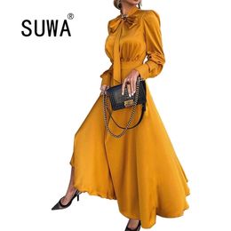Solid Color Fashion Stain Midi Elegant Women Dresses For Party And Wedding Gowns Long Sleeve A-Line Work Wear Free 210525