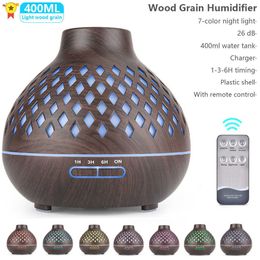 400ml Electric Aroma Remote control Air Diffuser Wood Grain Ultrasonic Xiomi Humidifier Maker With LED night Light For Home 210724
