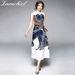 Brand Designer Summer Women's Sleeveless Printing Long Vintage Runway Vestidos Belt Tie High Waist Slim Maxi Dress 210416