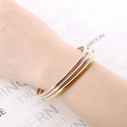 Women Simple Design Round Bangle Three Colours Quality Stainless Steel Gold Rose Silver Plated Female Bracelet