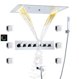 Chrome Polished Temperature Shower Faucet Set 70X38 CM LED Bathroom Multifunction Spa Massage Shower With Handheld