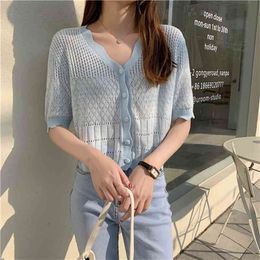 Woman T Shirts Summer V-neck Knitted Colour matching Cardigan Women's Top The 210507