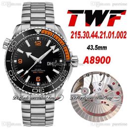 TWF 600M 43.5mm A8900 Automatic Mens Watch Black Orange Ceramics Bezel Stick Markers Stainless Steel Bracelet 215.30.44.21.01.002 Super Edition Watches Puretime Z03B2