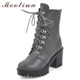 Winter Ankle Boots Women Lace Up Platform Thick Heel Short PU Leather Super High Shoes Lady Autumn Size 33-43 210517