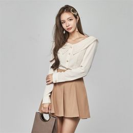 2 piece Sexy Suit Korea Ladies LOng Sleeve White Tops and Mini pleated skirts for women Office party Set clothing 210602