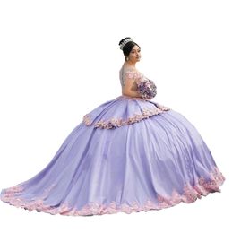 2022 Floral Flowers Quinceanera Dresses Lavender Long Train Cold Shoulder Lace Applique Satin Sweet 16 Dress Ball Gowns Puffy