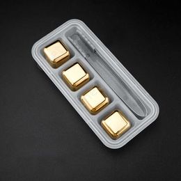 4pcs/set Gold Cube Ice Frozen Mold Stainless Steel Ice Metal Model tongs Coffee Drink Whisky Bar Ice Wine Stone Creative Supplies DAC16