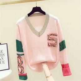Women V-neck Sweaters Loose Colour Matching Sequins Beaded Long-Sleeved Pullover Women's Tops Blouses 210914