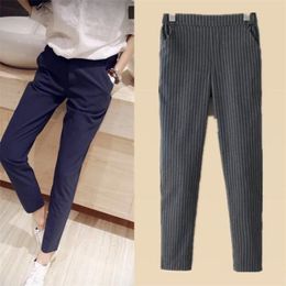 Spring Autumn The Pinstripe Trousers Elastic Split Waist Slim Pants Casual Long Skinny Fashion Free 210527