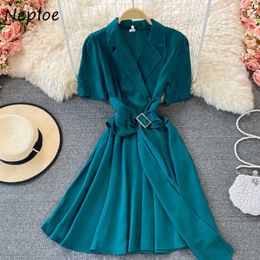 Neploe Work Style Ol Temperament Dress Women High Wiast Hip Sashes A Line Vestidos Turn Down Collar Short Sleeve Robe Summer C0607