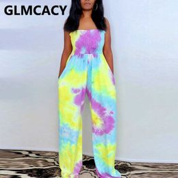Women Strapless Wide Leg Tie Dye Printed Gradient Colour Bodycon Jumpsuit Sleeveless Chic Plus Size Ovealls 210702