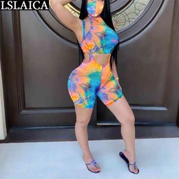 Short Set Tie Dye Crop Top&bodysuit Sexy Club Fashion Women Sets Clothes Summer Knitted Streetwear 2 Piece With Mask 210515