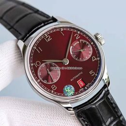 Luxury Watches 500714 Portugieser 42.3mm Stainless Steel 52010 Automatic Mens Watch Sapphire Crystal Burgundy Red Dial Leather Strap Gents Wristwatches