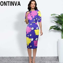 Purple Yellow Print Floral Bodycon Dress for Women Short Sleeve Midi Length Elegant Modest Tight Sheath Summer Office Dresses 210527