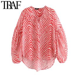 TRAF Women Chic Fashion Striped Loose Irregular Blouses Vintage Tied V Neck Long Sleeve Female Shirts Blusas Chic Tops 210415