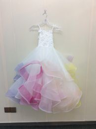 Short Empire Waist Mirror Organza Rainbow Girls Pageant Dresses with 4 Multi Coloured Horsehair Braid Princess Flower Girl Dress Ruffle Skirt