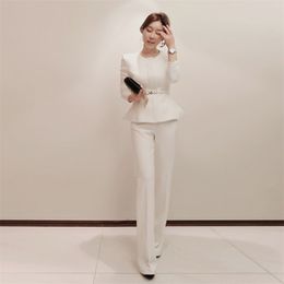 O-neck Long Sleeve Solid Colour Women Fashion Pant Suits Peplum Blazer Trousers Women's Suit Elegant OL Outwear Coat 210514