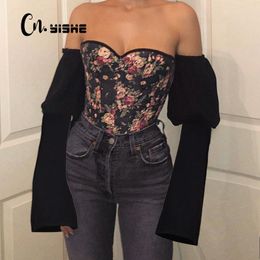 CNYISHE Off Shoulder Sexy Backless Lace Up Crop Top Women Bustier Corset Tops Vintage Floral Print Slash Neck Cropped Shirts Tee 210419