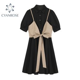 Fashion Short Sleeve Women's Dress With Bow Strap Vest Casual Elegant High Waist Mori Girl Korean Summer Shirt 210515