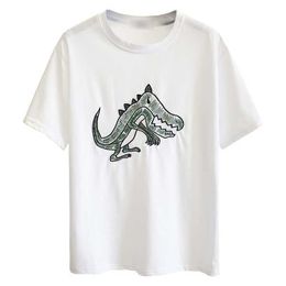 PERHAPS U White Dinosaur Embroidery Green Short Sleeve O Neck T Shirt Tops Tees Women Female B0109 210529