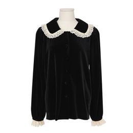 Women Black Velvet Solid Turn Down Collar Lace Long Sleeve Shirt Blouse B0426 210514