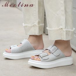 Meotina Women Shoes Summer Slippers Glitter Buckle Flat Platform Shoes Bling Open Toe Slides Lady Sandals Sliver Pink Size 35-39 210608