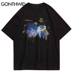 GONTHWID Hip Hop Streetwear Tees Shirts Graffiti UFO Alien Galaxy Print Short Sleeve Tshirts 2020 Men Harajuku Casual Cotton Top G1229