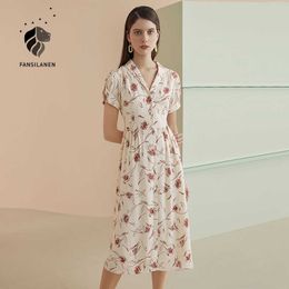 FANSILANEN Floral print long white chiffon dress Women short sleeve summer elegant shirt Boho sexy v neck vintage 210607