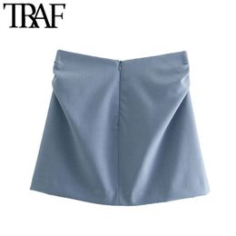 TRAF Women Chic Fashion With Lining Pleated Mini Skirt Vintage High Waist Back Zipper Female Skirt Mujer 210415