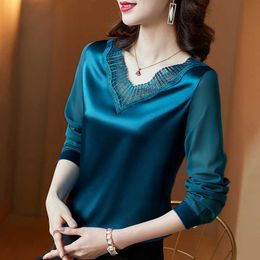 Spring Korean Fashion Silk Women Blouses Satin Office Lady Mesh Long Sleeve Blusas Largas Plus Size XXXL/5XL Shirts 210531
