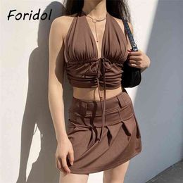 Women Fashion 2 Pieces Sets Dress Backless Halter Top Mini Suits Summer Beach Boho Vestidos Party 210427