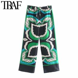TRAF Women Fashion Side Pockets Printed Wide Leg Pants Vintage High Elastic Waist Drawstring Female Ankle Trousers Mujer 211124