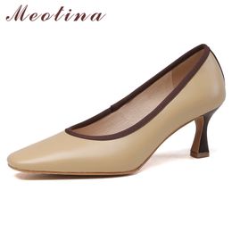 Meotina High Heel Women Pumps Natural Genuine Leather Stiletto Heels Shoes Square Toe Ladies Footwear Dress Shoes Beige 33-40 210520