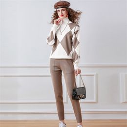 Casual Knitted Two Piece Outfits For Women Geometric Plaid Turtleneck Sweater Pullover + Harem Pants Suits Female Tracksuit 210514