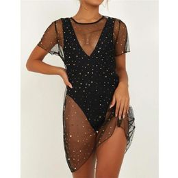 Fashion Women's Sequins Mesh Bikini Cover Up Swimwear See-through Mini Dress Swimsuit Beach Wear Vocation Cover-Ups Sarongs