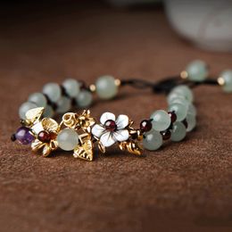 Natural jade contas pulseiras pulseira para as mulheres Mão trançado vintage punk inspirador flores braceletes com granada