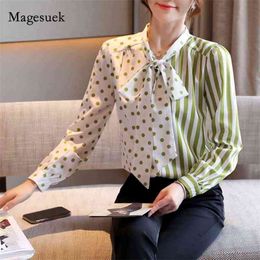 Autumn Lace-up Chiffon Blouse Striped Bow-collar Office Lady Woman's Blouses Light Green Long Sleeve Women's Shirts 10891 210518
