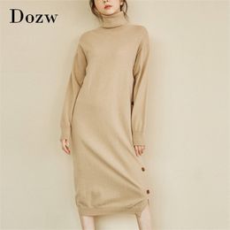 Women Fashion Long Turtleneck Sweater Dresses Side Button Split Knitted Chic Sleeve Solid Casual 210515