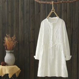 Embroidered Cotton White Half High Collar Full Shirt Loose Top Long Casual Women Tops 210615
