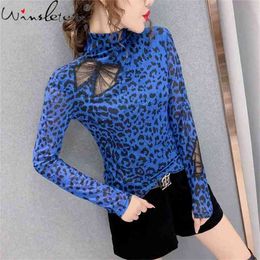 Leopard T-shirt Tops For Women Girls Turtleneck Butterfly Hollow Out Diamonds Fashion Clothing Long Sleeve T0N607A 210421